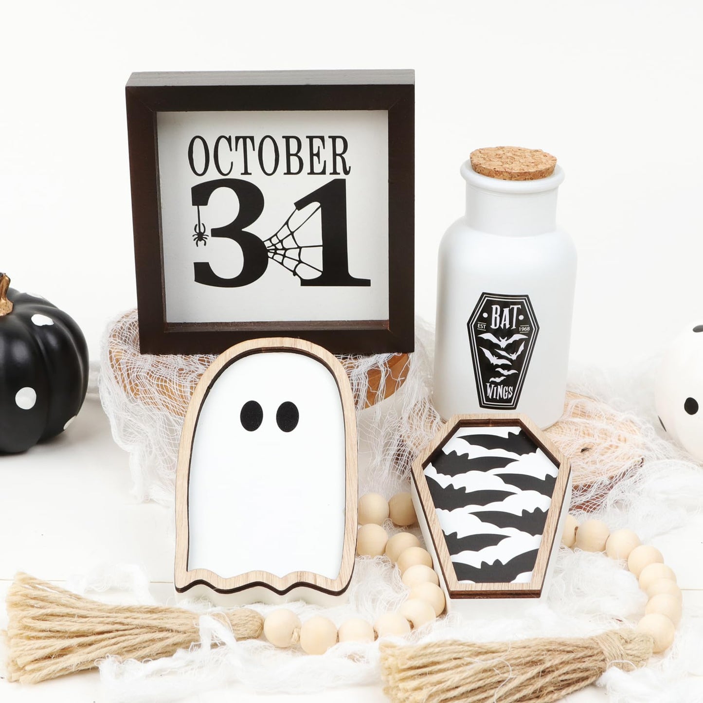 Maxsoins Halloween Decorations Indoor- Apothecary Potion Bottles,Bat Coffin, Ghost,and Halloween Wood Signs & Bead Garland-Farmhouse Decoration for Tiered Tray Table Home Party Decor