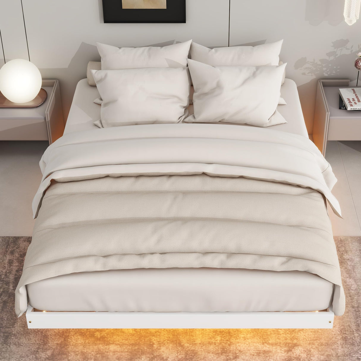 Anwickjeff Full Size Floating Platform Bed with LED Lights and Solid Wood Slats in White anwickjeff