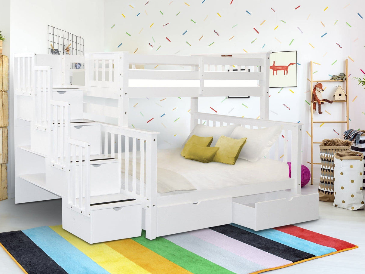 Bedz King Stairway Bunk Beds Twin over Full with 4 Drawers in the Steps and 2 Under Bed Drawers, White Bedz King