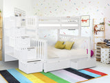 Bedz King Stairway Bunk Beds Twin over Full with 4 Drawers in the Steps and 2 Under Bed Drawers, White Bedz King