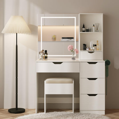 HUAHUU Vanity Desk with LED Lights Mirror & Power Outlet, 3 Lighting Colors Vanity Desk with 5 Drawers, Makeup Vanity Set and Cushioned Stool for Bedroom, White - WoodArtSupply