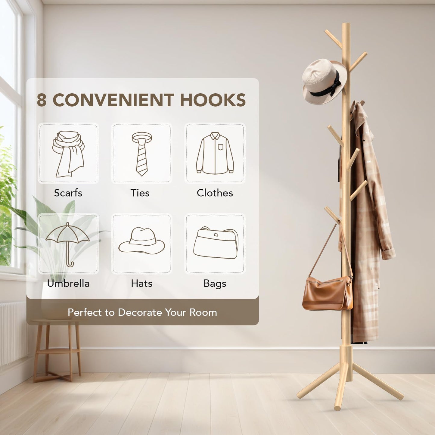 Hupmad Wooden Tree Coat Rack Stand,Sturdy Freestanding Coat Rack with 8 Hooks,3 Adjustable Height for Child Adult,Wood Coat Stand Tree Fits Entryway Bedroom Office for Bags,Hats