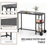 PIZZELLO 6 Piece Outdoor Patio Bar Set, 2 PCS 47" Rectangular Counter Height High Top Bar Tables with Wheels, 4 Cushioned Bar Stools, Metal Bar Table and Chairs Set for Balcony, Backyard, Porch PIZZELLO