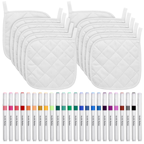 Newtay 36 Pcs Christmas Pot Holders Craft Project Set Including 12 White Pot Holders and Oven Mitts with 24 Makers for Kitchen Heat Resistant Cooking and Baking DIY Activities Newtay