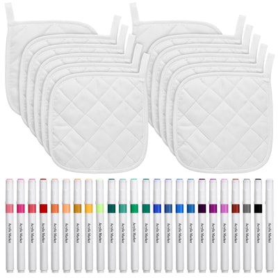 Newtay 36 Pcs Christmas Pot Holders Craft Project Set Including 12 White Pot Holders and Oven Mitts with 24 Makers for Kitchen Heat Resistant Cooking and Baking DIY Activities