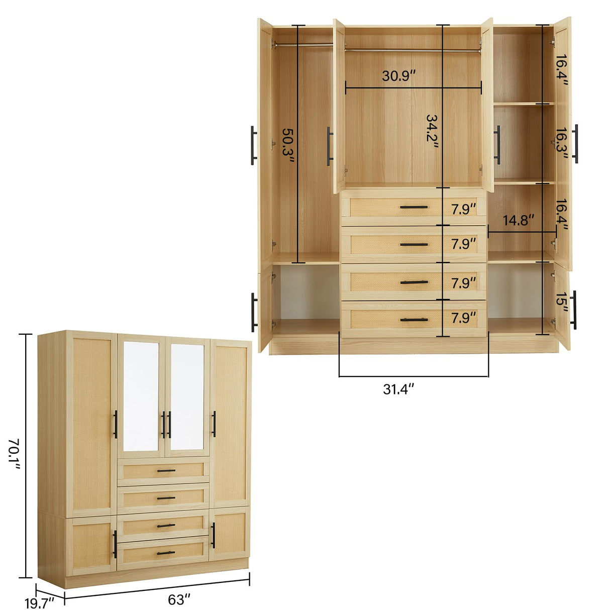 TrendTerrace Natural Rattan Armoire Wardrobe Closet Wood with 4 Doors 4 Drawers 2 Mirrors Hanging Rod and Shelves Large Clothes Storage Cabinet for Bedroom Pantry 62.99''W x 18.9''D x 70.86''H TrendTerrace