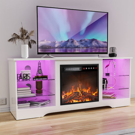 TAVATA Fireplace TV Stand with 18''Fireplace, Modern Entertainment Center for TVs up to 65 inch, Media TV Console with Adjustable Glass Shelves and Storage Cabinets(White) TAVATA