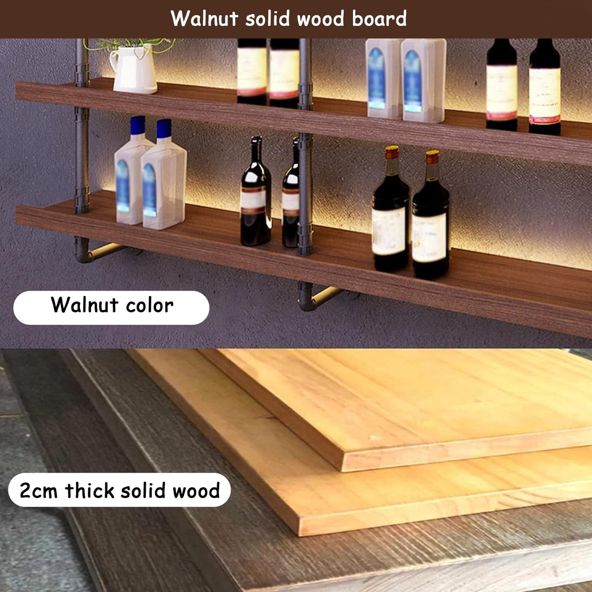 Dawselod 39.7in Large Wine Rack with LED Light Solid Wood Wall Mounted Wine Rack, 3-Tiers Liquor Bottles Floating Shelves Display Storage Organizer for Home Bar & Dining Room (100cm/39.7in) Dawselod