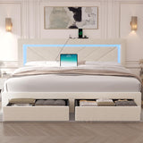 Fastroby King Size Bed Frame with Adjustable Headboard and 2 Storage Drawers, Upholstered Bed Frame King with RGB LED Light and Charging Station, Easy Assembly, No Box Spring Needed, Off White Fastroby