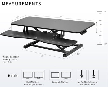 VIVO 48 inch Desk Converter, K Series, Height Adjustable Sit to Stand Riser, Dual Monitor and Laptop Workstation with Wide Keyboard Tray, Black, DESK-V048KB