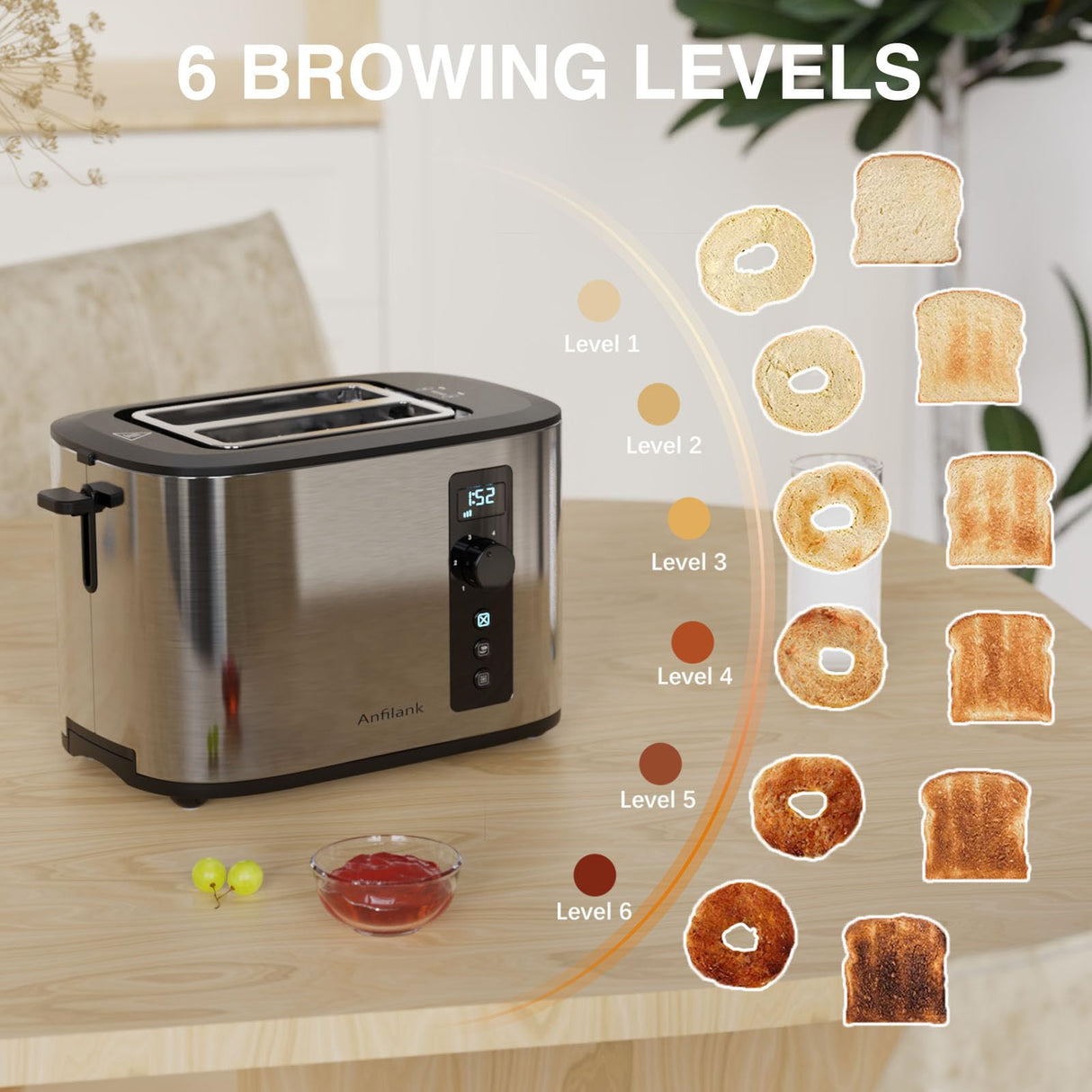 Anfilank Extra Wide Slot 2-Slice Toaster with Digital Countdown Timer, Stainless Steel, 6 Browning Settings, Built-in Warming Rack, Cancel/Bagel/Defrost Functions Anfilank