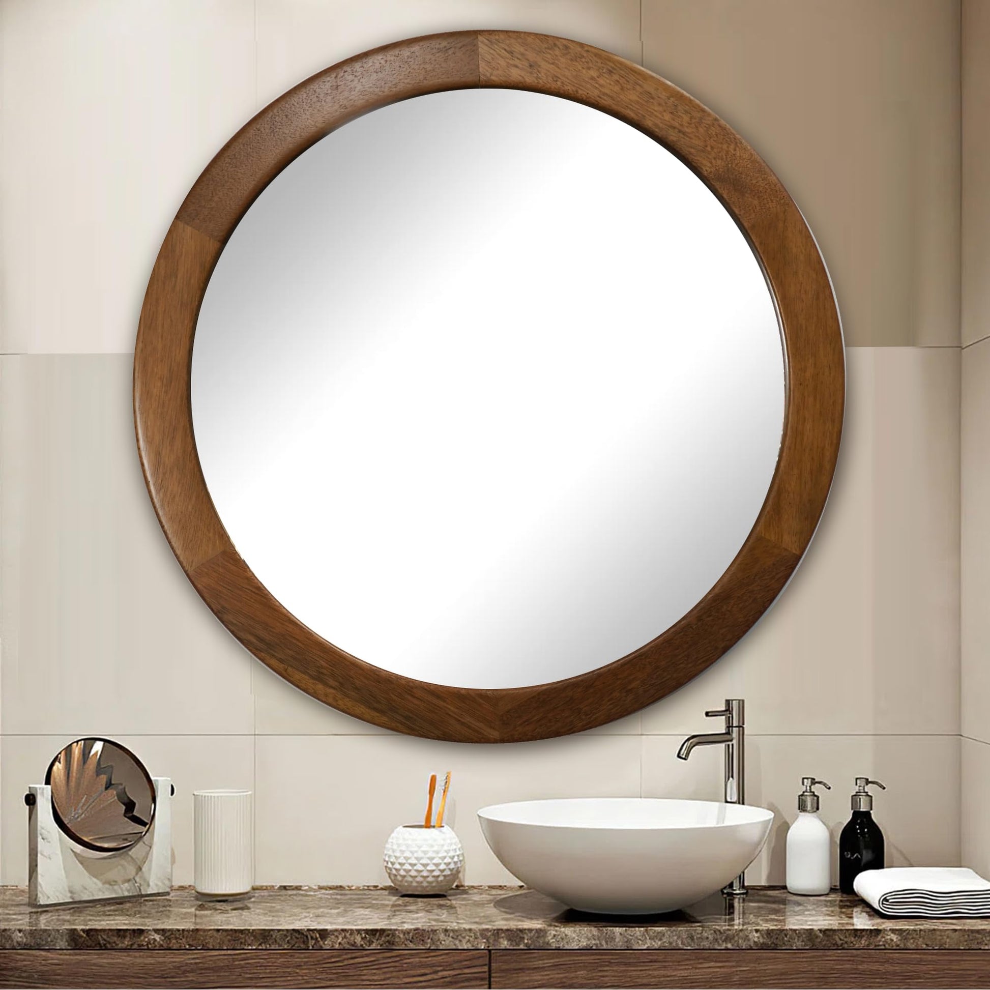 Round Mirror 36 Inch,Wood Rustic Bathroom Tempered Wall Mirror with Walnut Frame,Farmhouse Wooden Vanity Circle Mirror for Living Room,Entryway or Bedroom（Walnut Brown） - WoodArtSupply