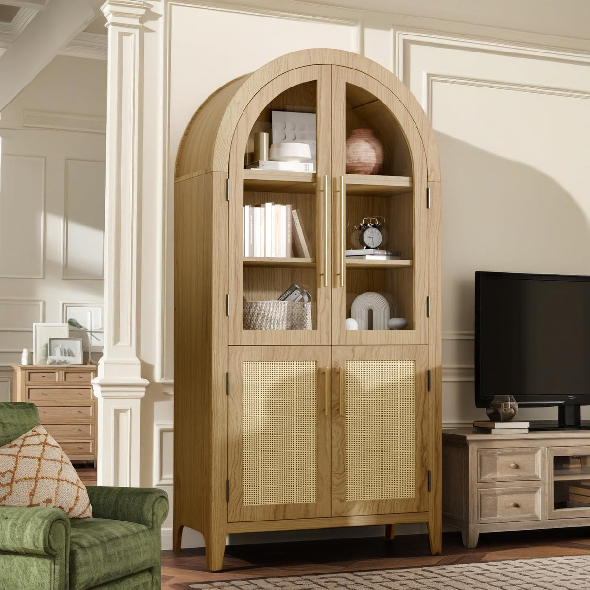 TRUNBACK 63" Arched Storage Cabinet, 5-Tier Modern Farmhouse Kitchen Pantry Cabinet with Glass & Rattan Doors, Adjustable Shelf for Living Room, Dining Room, or Office, Oak TRUNBACK