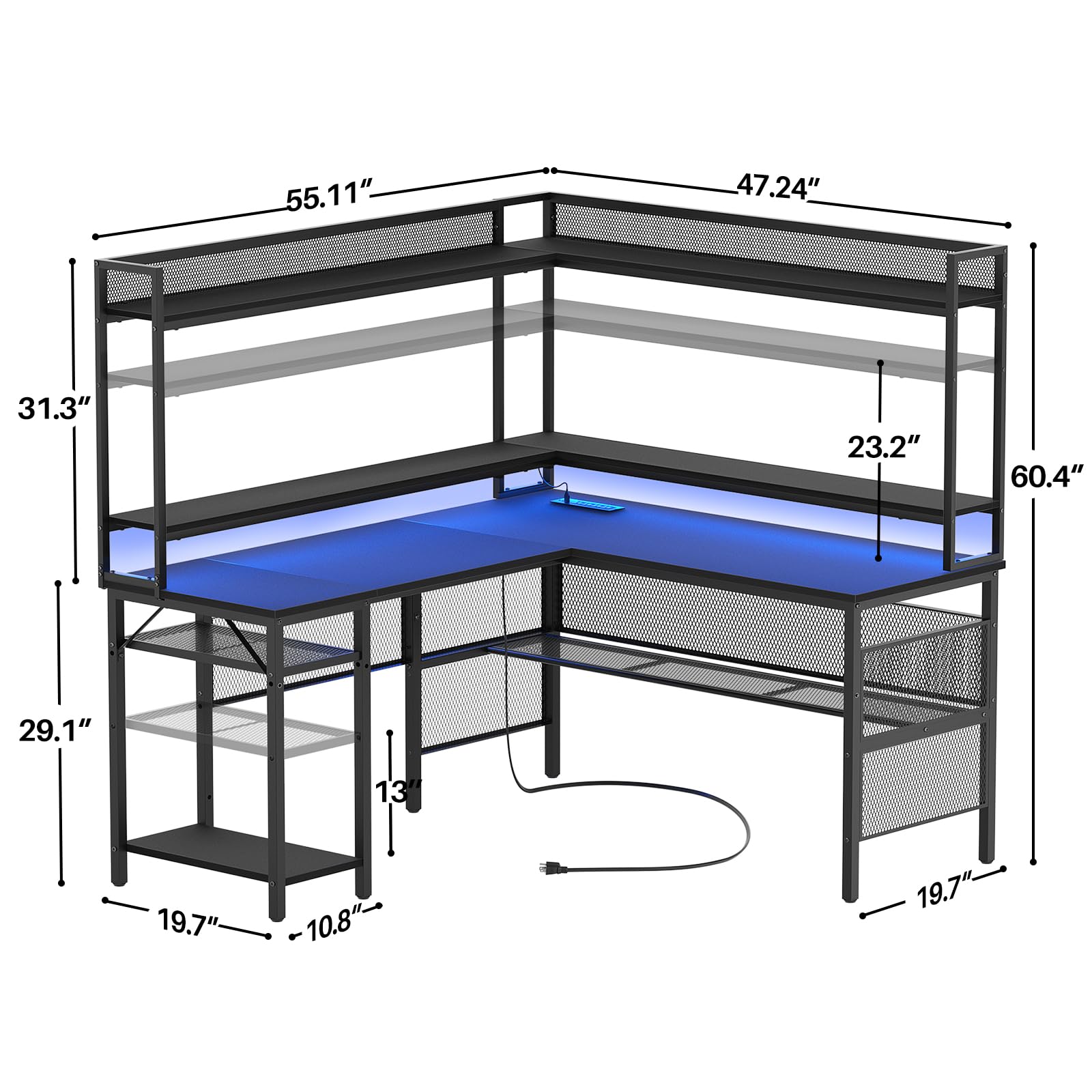 Unikito Reversible L-Shaped Desk with Power Outlets, RGB LED Lights & Storage Shelves in Black - WoodArtSupply