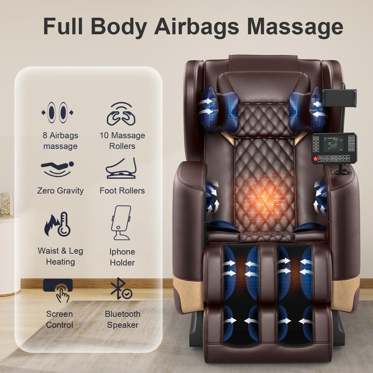 FURNIMAT 2025 Massage Chair Full Body, Zero Gravity Massage Chair with 10 Fix Rollers, Heating, Foot Massage, Auto Modes, Bluetooth Speaker, Touch Screen Controller (Brown Premium) FURNIMAT