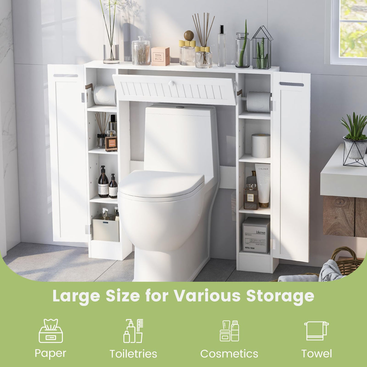 Giantex Over The Toilet Storage Cabinet with 2 Doors and Adjustable Shelves, Space-Saving Rack Bathroom Shelf with Paper Holder, Freestanding Bathroom Storage Over The Toilet for Small Space, White Giantex