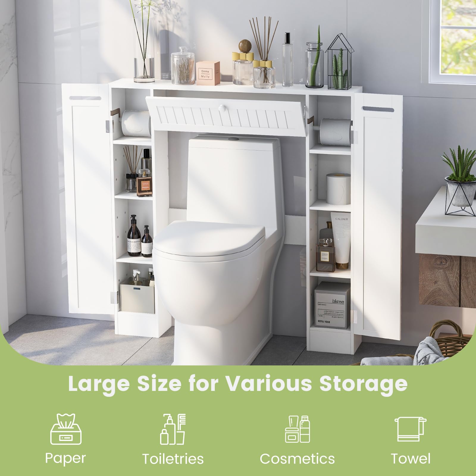 Giantex Over The Toilet Storage Cabinet with 2 Doors and Adjustable Shelves, Space-Saving Rack Bathroom Shelf with Paper Holder, Freestanding Bathroom Storage Over The Toilet for Small Space, - WoodArtSupply