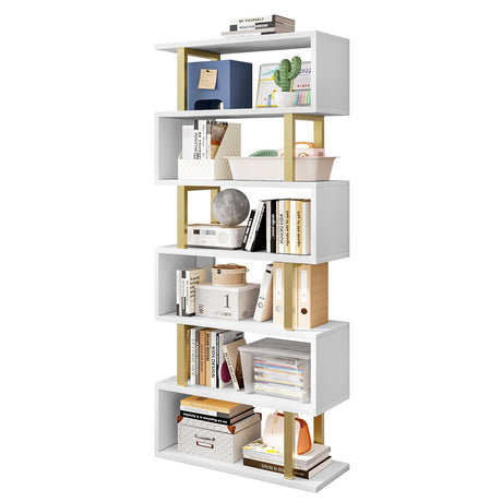 SORCEDAS Bookshelf Geometric Bookcase S Shaped Industrial Bookshelf Storage Display Stand Shelf for Living Room Bedroom and Office Room (White, 6 Tier) SORCEDAS