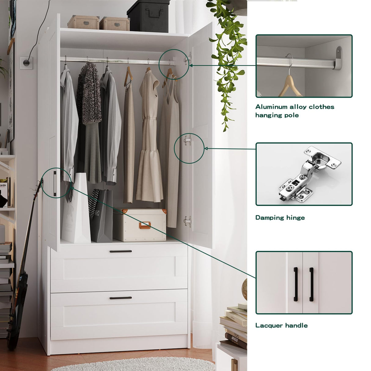 Fenghua Lizhi Wood White Wardrobe Closet with 2 Doors and 2 Drawers，Bedroom Freestanding Armoire Storage Cabinet with Shelves，Wooden Wardrobe Combination for Hanging Clothes (White 2 Drawers) Fenghua Lizhi