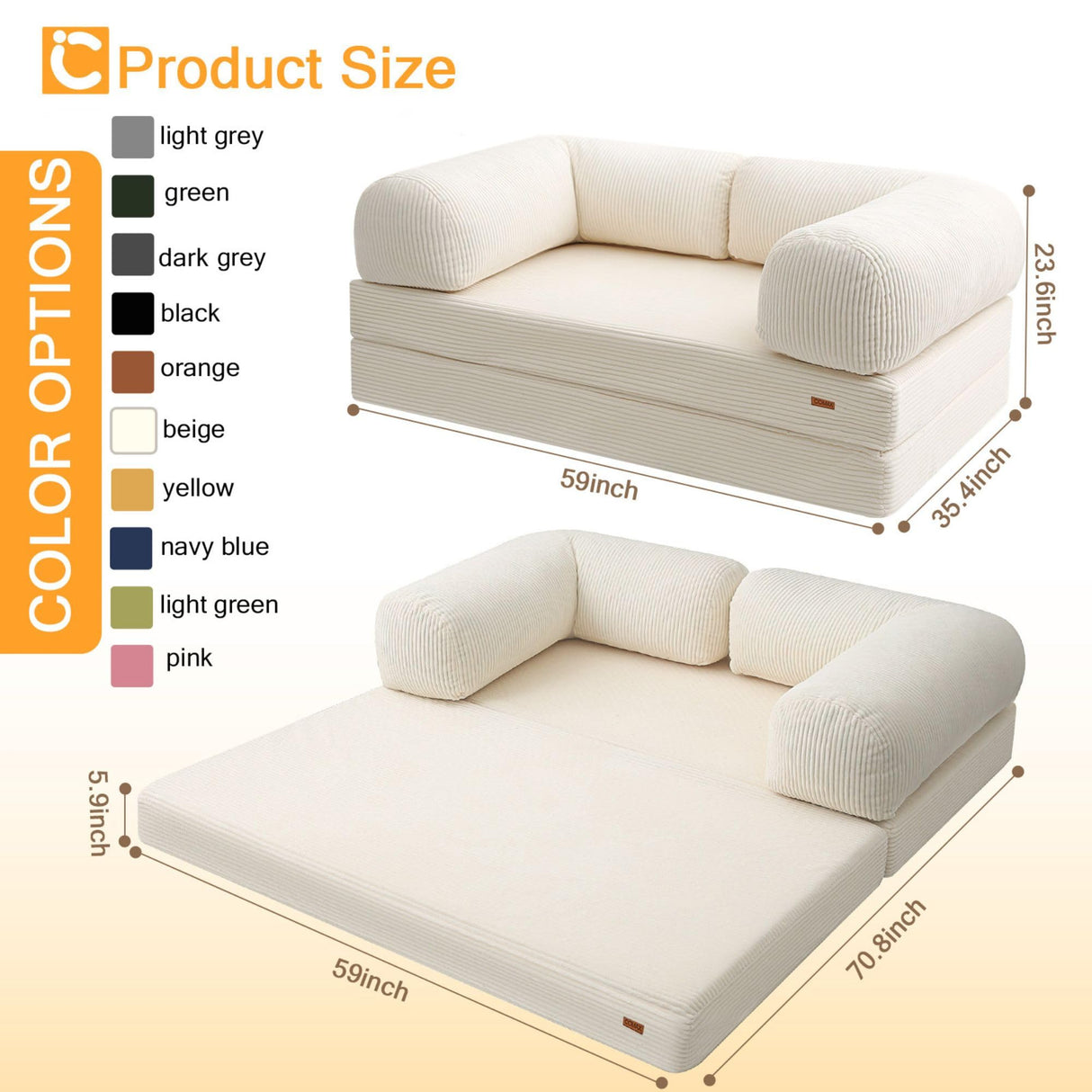 COMAX Folding Sofa Bed Queen, 4-in-1 Foldable Floor Couch Convertible Futon Sofa with Armrests Sleeper Mattress Chair Bed Comfy Portable Fold Out Lounge Guest for Living Room Bedroom, Beige COMAX