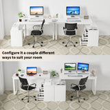 HOMBCK White Desk with Drawers and Shelves,Long Desk L Shaped Desk with Storage and Removable Monitor Stand for Home Office, Corner Desk Executive Desk for Bedroom HOMBCK