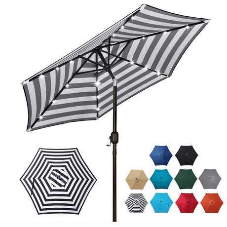 Blissun 7.5 ft Solar Umbrella 18 LED Lighted Patio Umbrella Table Market Umbrella with Tilt and Crank Outdoor Umbrella for Garden, Deck, Backyard, Pool and Beach (Black & White) Blissun