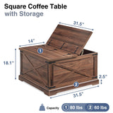 Barnyatoh Farmhouse Square Coffee Table with Storage, Wood Center Table with Hinged Lift Top, Rustic Cocktail Table with Large Hidden Storage Compartment for Living Room, Bedroom,Brown Barnyatoh
