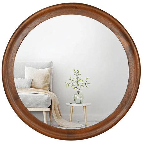 CULER Round Wall Mirrors 24 Inch,Wood Rustic Decorative Transitional Mirror with Walnut Frame for Wall,Farmhouse Hanging Vanity Mirror for Bathroom Bedroom Living Room or Entryway（Walnut Brown） CULER