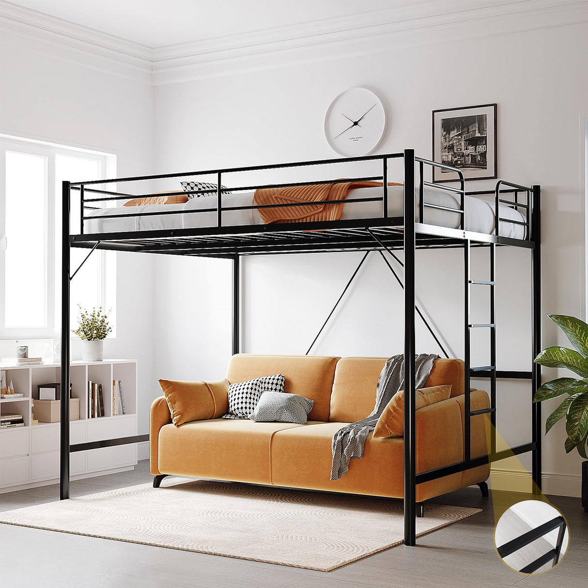 VINGLI Queen Loft Bed with Flat Rungs for Adults, Kids and Young Teens, No Box Spring Required,Heavy Duty Metal Slat Support, Black VINGLI