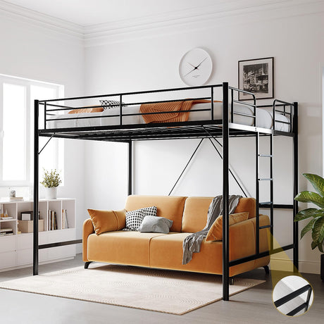 VINGLI Queen Loft Bed with Flat Rungs for Adults, Kids and Young Teens, No Box Spring Required,Heavy Duty Metal Slat Support, Black VINGLI