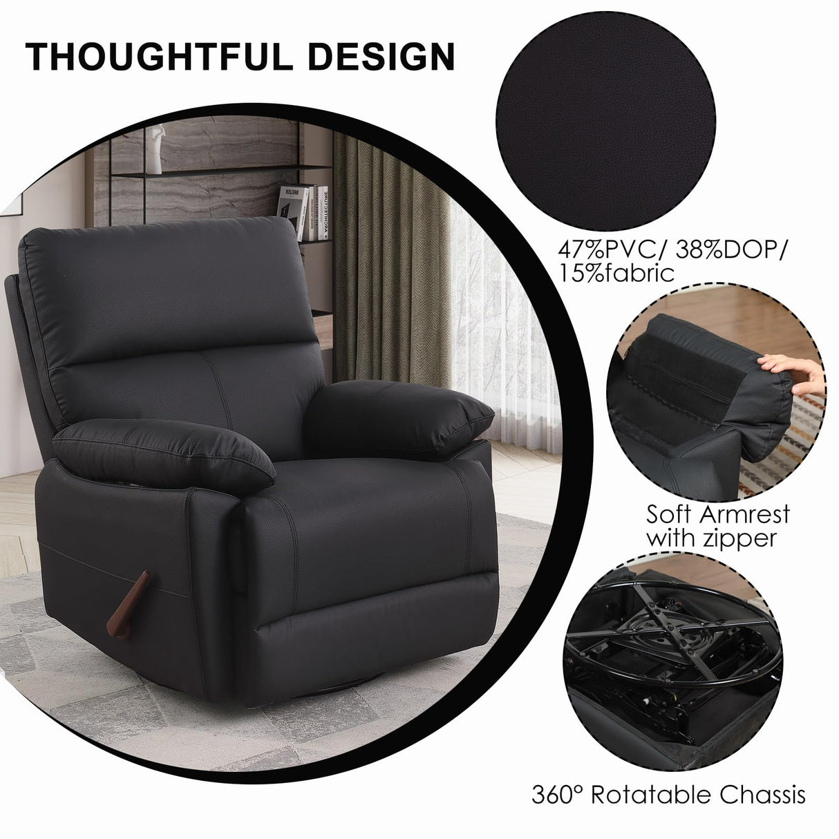 poplarbox Manual Recliner Chair with Lever Handle, 360° Swivel Elderly Rocker Recliner Chairs, Single Seat upholstered Recliner Sofa Chair for Living Room, Apartment (Black) poplarbox