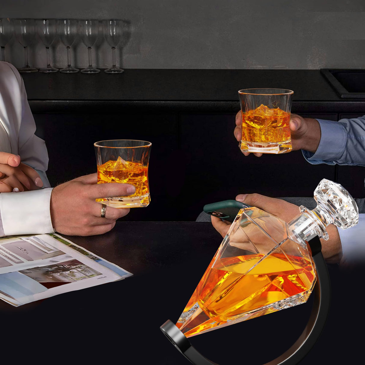 Gifts for Men Dad, Diamond Whiskey Decanter Set with 2 Glasses & Wooden Stand, Christmas Gifts for Women Men, Anniversary Birthday Gifts for Him Husband, Unique Bourbon Gifts for Men, Cool Stuff YJGS