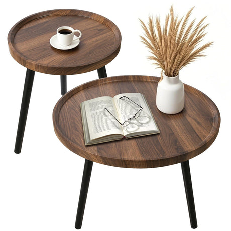 Nesting Coffee Table Set of 2, Modern Round Coffee Tables Nesting Side Table Set, Easy Assembly Nesting Tables for Living Room, Walnut Wood End Tables for Home Office Yard Dongxw