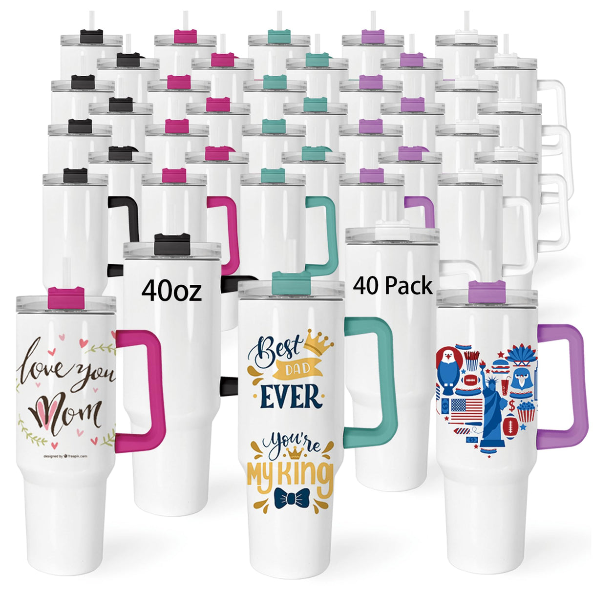 Icesip 40 oz Sublimation Tumblers 40 Pack with 5 Color Handle Lid and Straw Stainless Steel Double Wall Vacuum Insulated Travel Mug Cup Bulk Blank for DIY Gift Icesip