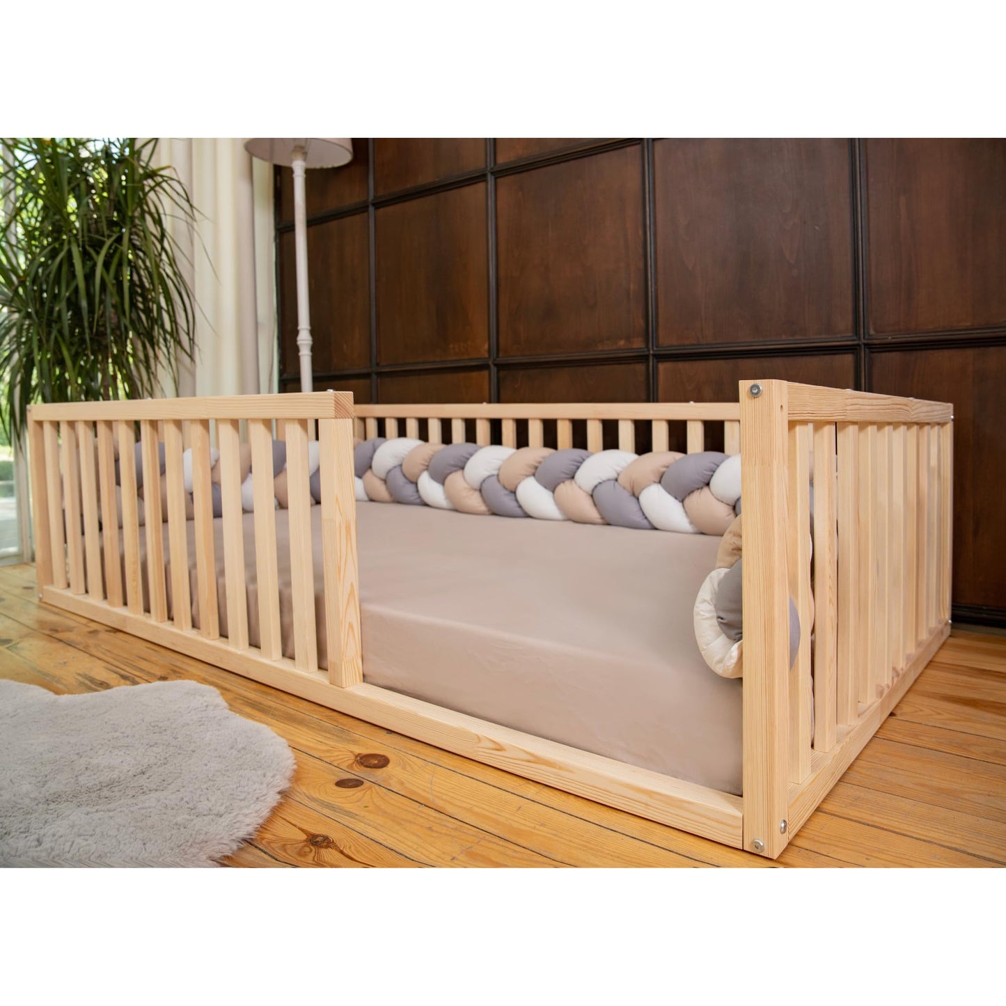 Montessori Floor Bed for Kids 27.5'' x 53'' Crib | Toodlers Floor Bed with Safety Guardrails | Pine Wood Baby Bed | Sturdy Wood Frame Bed for Girls and Boys (Crib, Height : 19 Inches) - WoodArtSupply