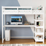 Bunk Bed with Desk and 4-Layer Shelves, Loft Bed Twin Size with Under Desk and Bookcase Storage, Twin Bed Frame for Kids, Adults& Young Teens, White JOYMOR