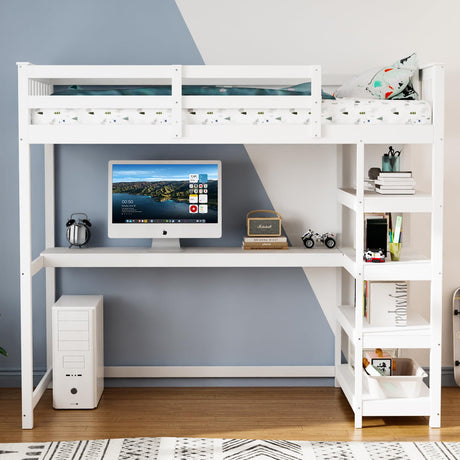 Bunk Bed with Desk and 4-Layer Shelves, Loft Bed Twin Size with Under Desk and Bookcase Storage, Twin Bed Frame for Kids, Adults& Young Teens, White JOYMOR