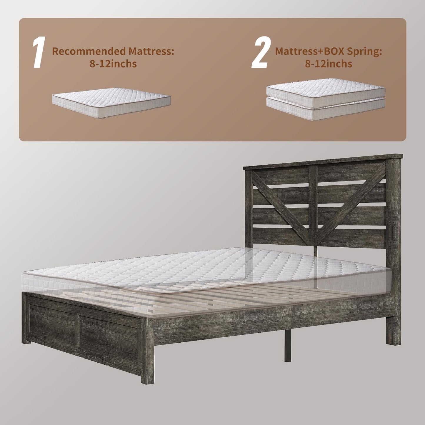 LUXOAK Full Size Farmhouse Wooden Bed Frame, Platform Bed Frame with 49.2" Headboard/No Box Spring Needed/Noisy Free/Easy Assembly/Grey - WoodArtSupply