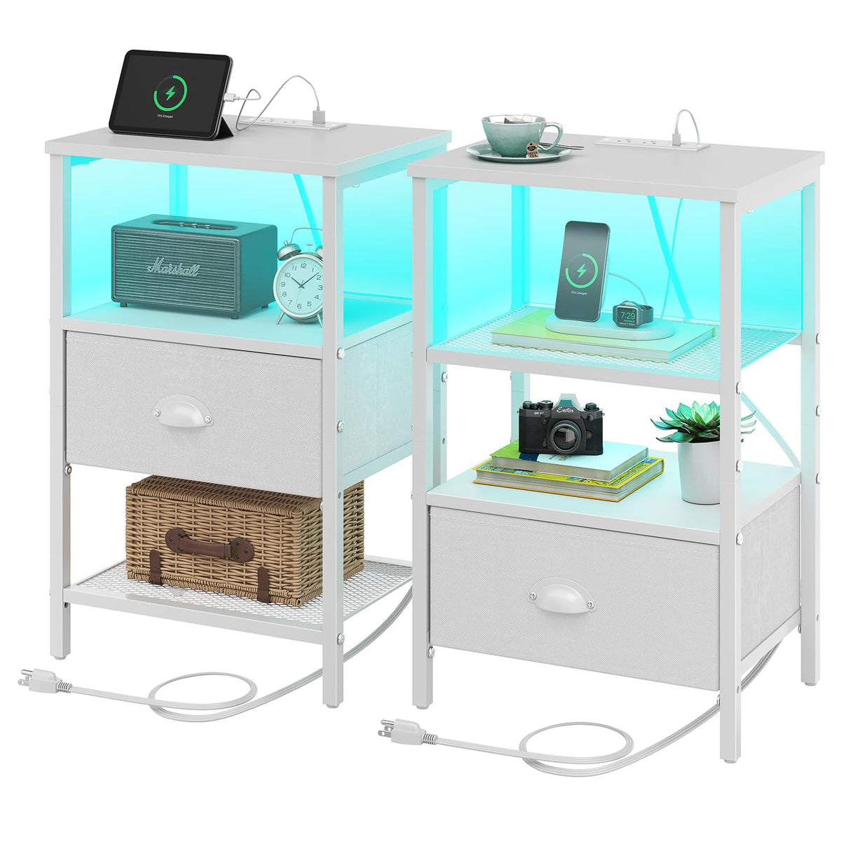 Sthmec Nightstands Set of 2, LED Bedside Tables with Charging Station and Fabric Drawer, Night Stand with Storage, 3 Tier Side Table with Open Shelf, LED Nightstand with Charging Station, White WoodArtSupply