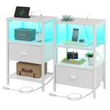 Sthmec Nightstands Set of 2, LED Bedside Tables with Charging Station and Fabric Drawer, Night Stand with Storage, 3 Tier Side Table with Open Shelf, LED Nightstand with Charging Station, White WoodArtSupply