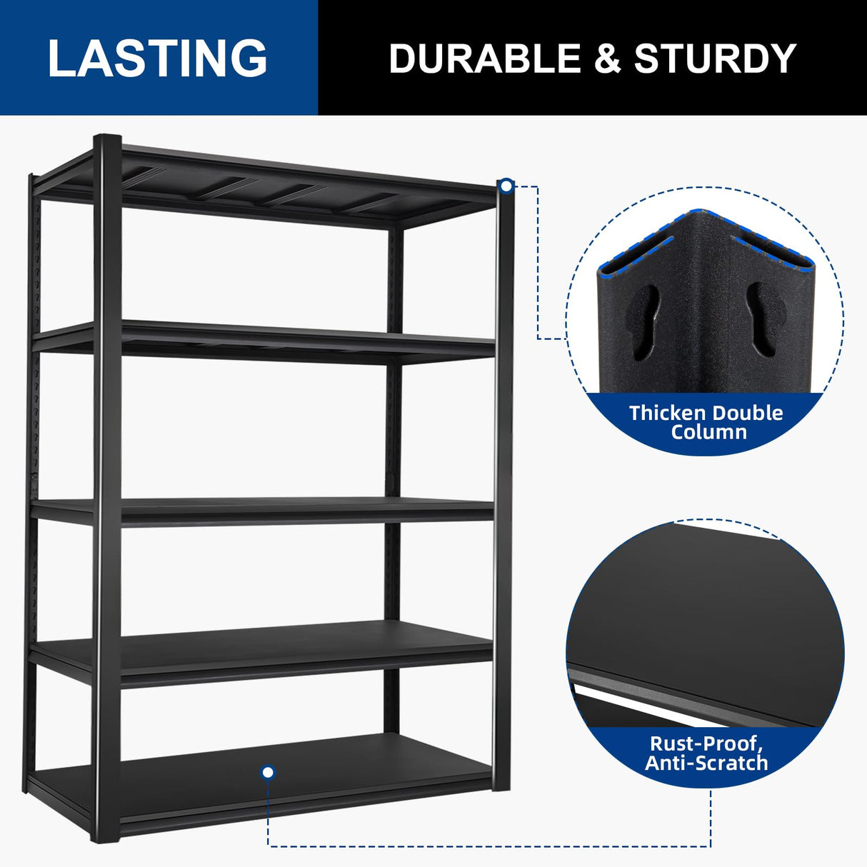 BILT HARD 2000LBS Garage Shelving, 39.4" W x 18" D x 72" H, 5-Shelf Storage Shelves Heavy Duty, Industrial Metal Shelving Units with Adjustable Shelf, Steel Utility Shelves, Black BILT HARD