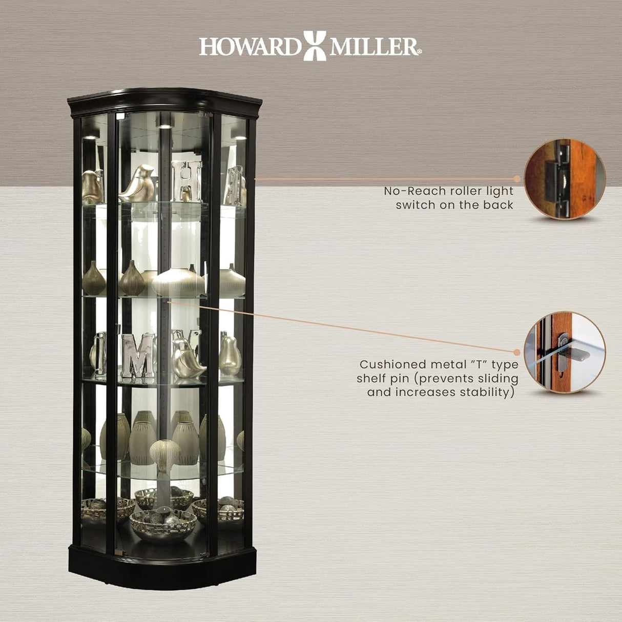 Howard Miller Marlowe II Corner Curio Cabinet, Long Heighted Showcase Black Finish Adjustable Shelves & Levelers, Illuminated Interior Lightning Perfect for Living Room Office and Room Decor Howard Miller