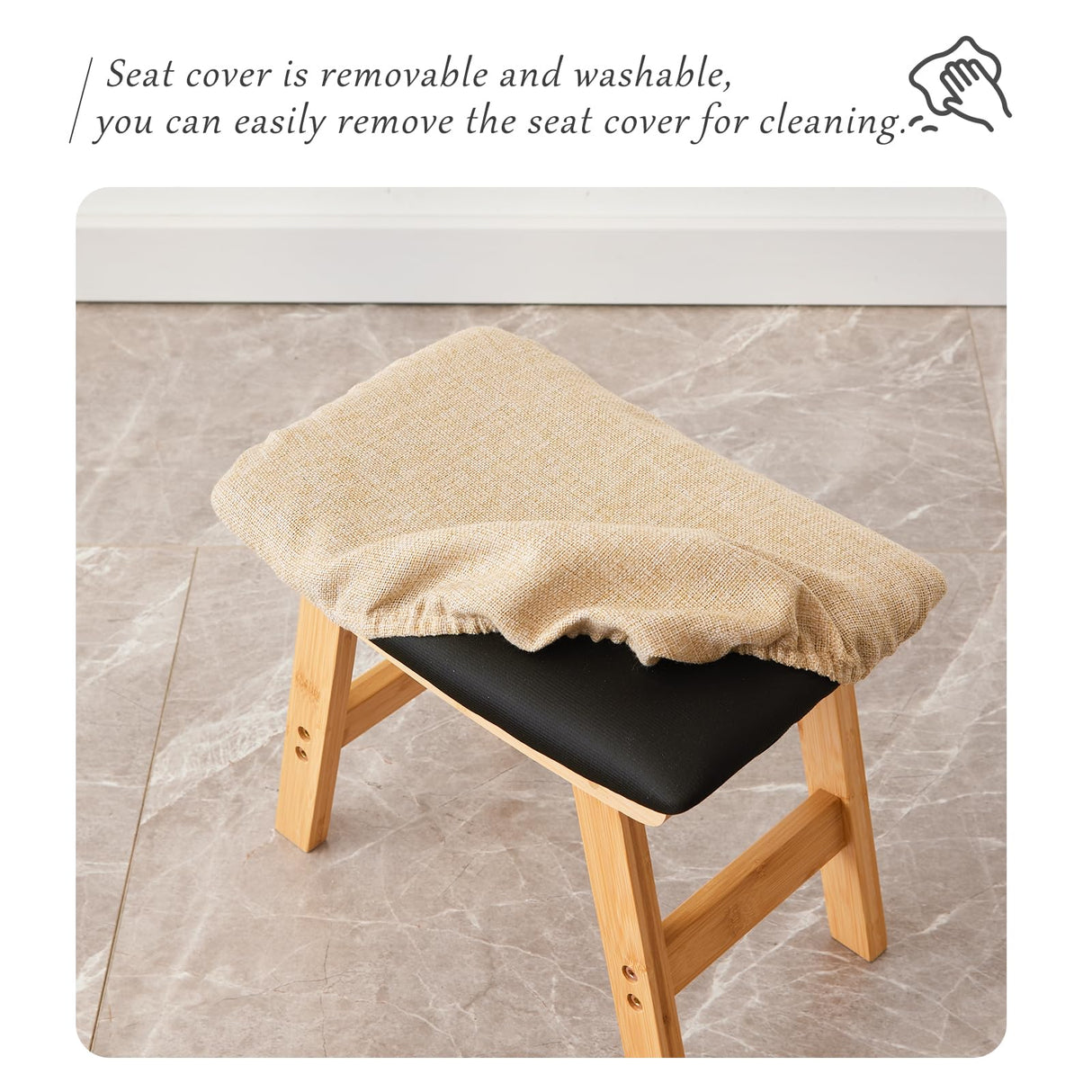 Foot Stool,Ottoman,Bamboo Small Sofa Foot Rest Under Desk,Extra Seating for Living Room, Bedroom and Kitchen (Natural Stool Legs - Beige Surface) Kitsanery