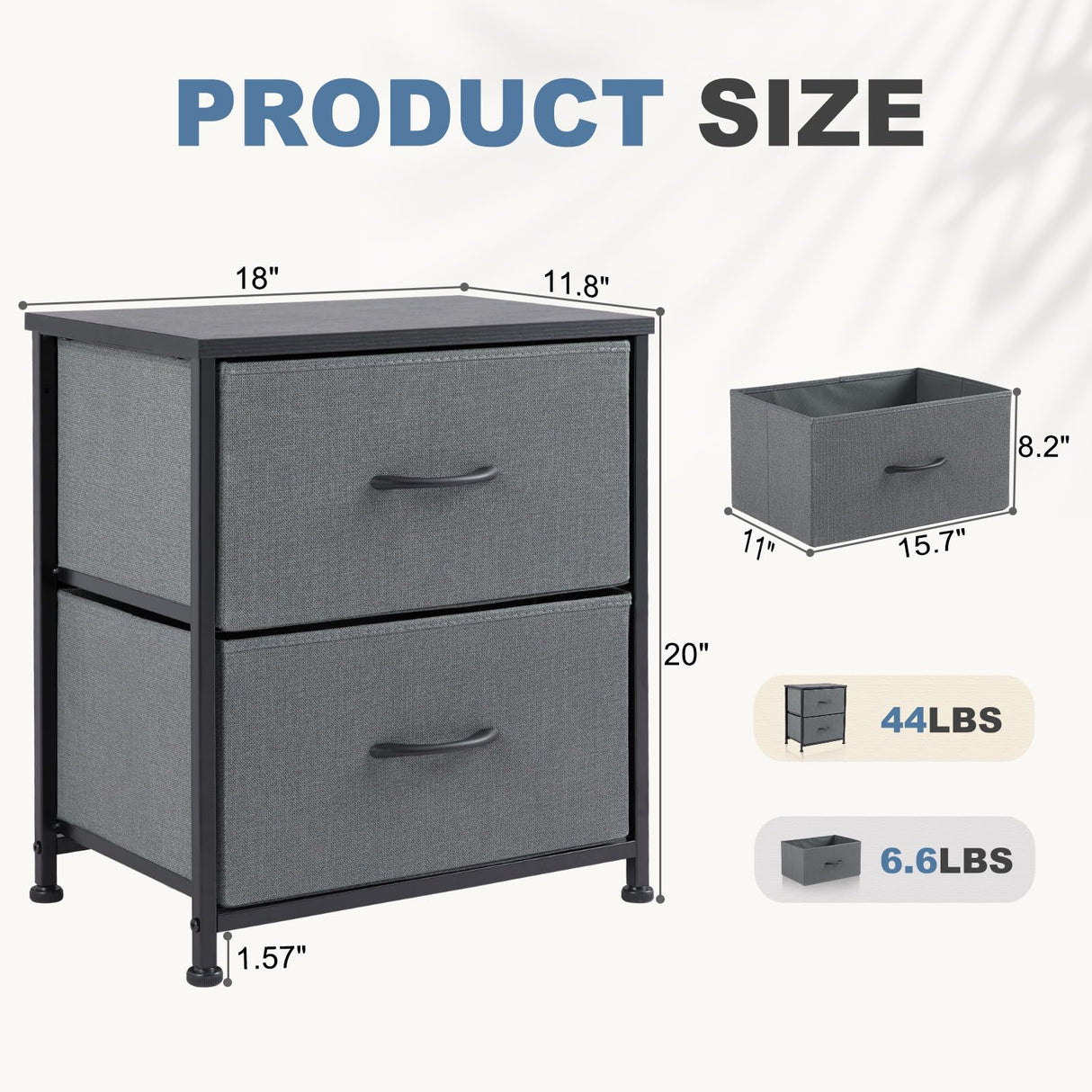 DUMOS Nightstand Set of 2, Small Dresser with 2 Fabric Drawers Side Bedroom End Table Kids Bedside Storage Furniture for 25 inch Tall Night Stand for Closet, Entryway, College Dorm, Grey, M-2 Pack DUMOS