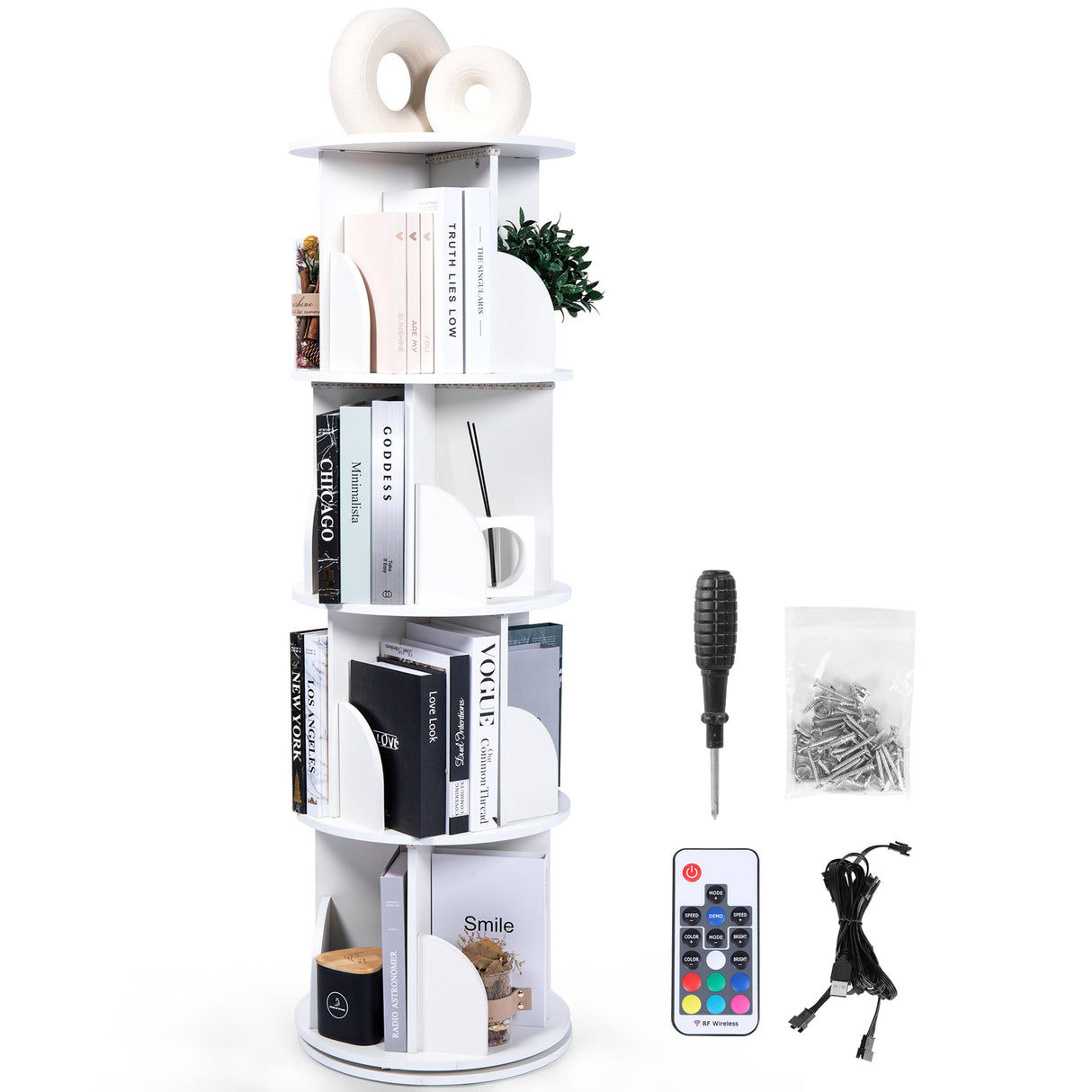 Luminous 4-Tier Revolving Bookshelf with LED Lights – Modern 360° Spinning Bookshelf Tower with Remote Control for Everyone | Space Saving Bookshelf Ideal for Any Room – Available in Black & White Generic