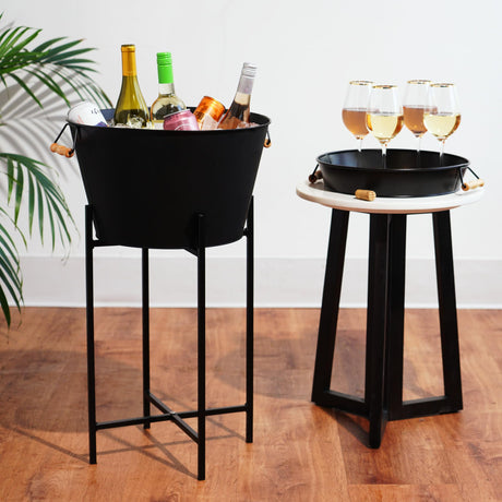 Twine Black Beverage Tub with Collapsible Stand, Large Metal Bucket and Tray, Ice Drink Buckets with Acacia Wood Handles for Parties, 3-Piece Set Twine