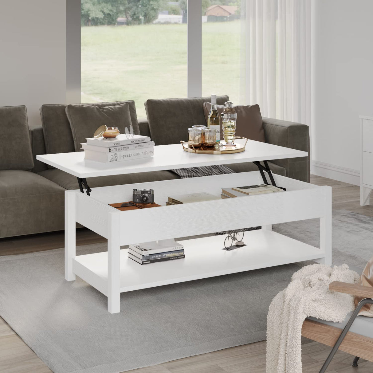 Panana Lift Top Coffee Table with Hidden Compartment and Open Shelf, Lift Tabletop Pop-Up Coffee Table for Living Room, 45.28" L, White Panana