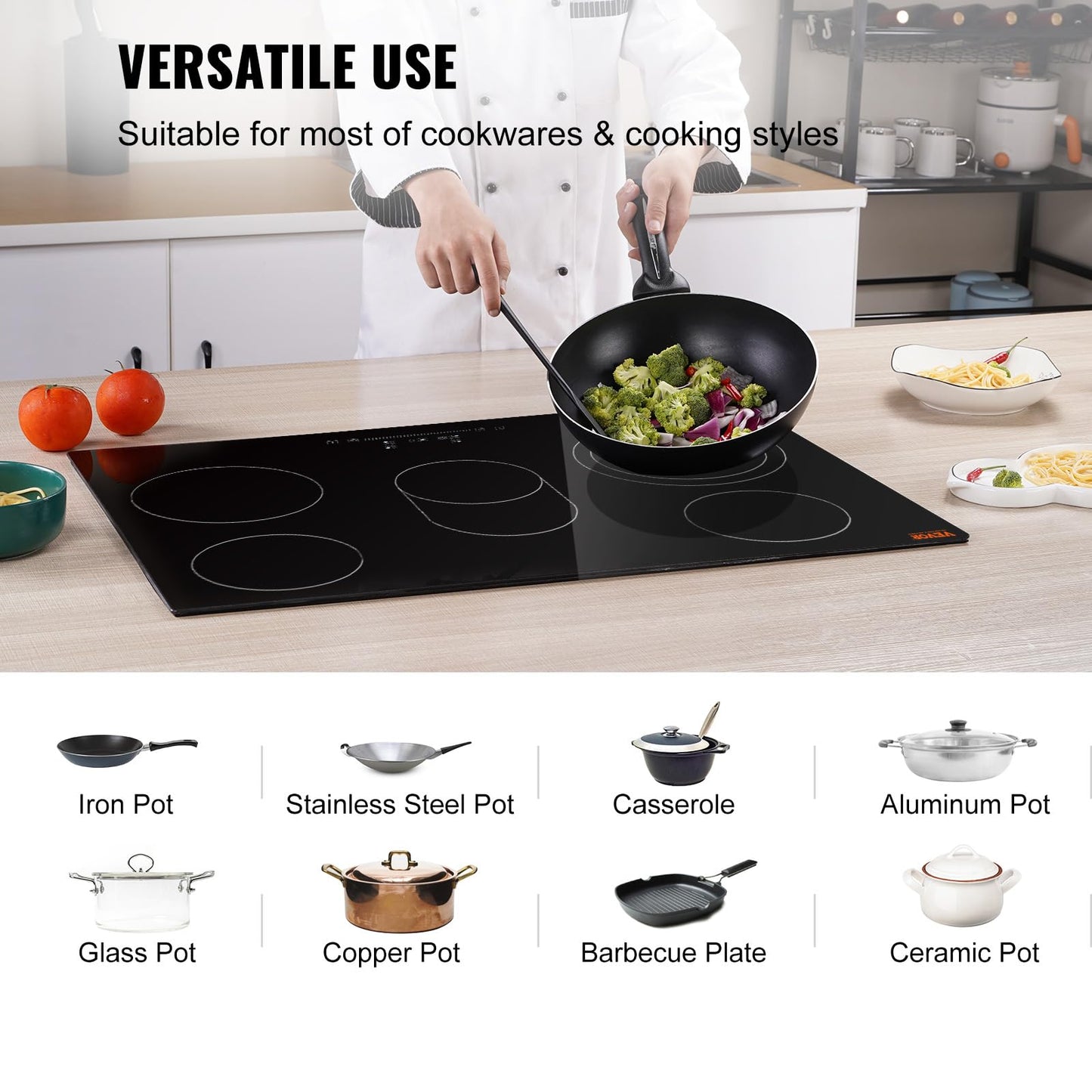 VEVOR Built in Electric Stove Top, 30 inch 5 Burners, 240V Glass Radiant Cooktop with Sensor Touch Control, Timer & Child Lock Included, 9 Power Levels for Simmer Steam Slow Cook Fry