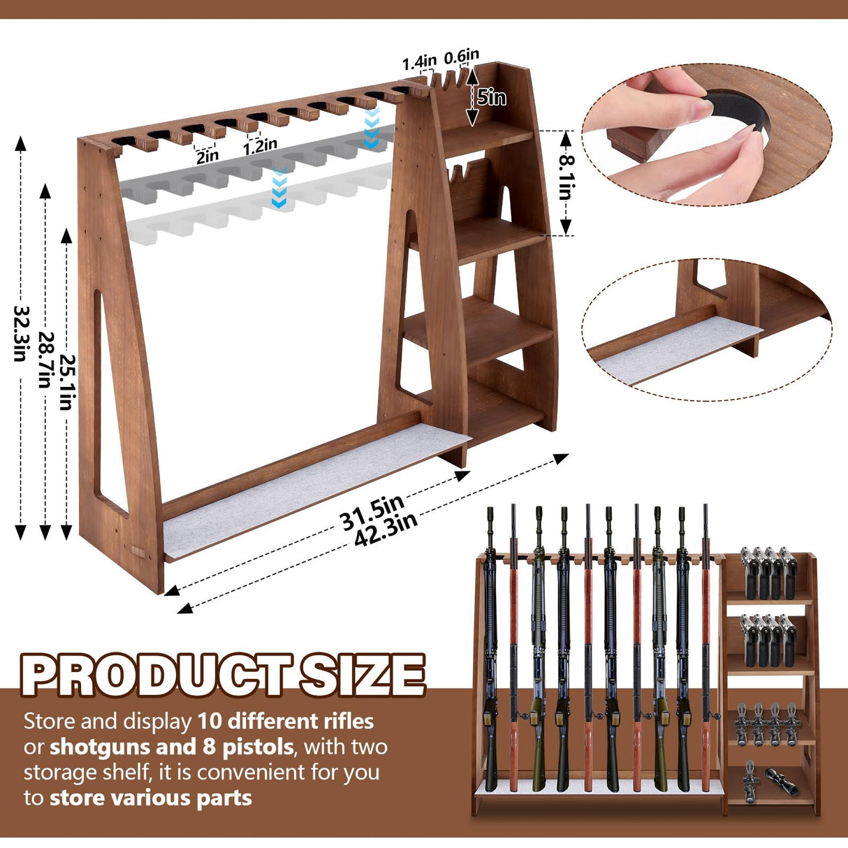 Wooden Gun Rack with Holder, Indoor Floor Standing Rifle Rack, Gun Display Storage for Home or Garage Storage, Holds 10 Long guns and 8 handguns(Walnut) Lineshading