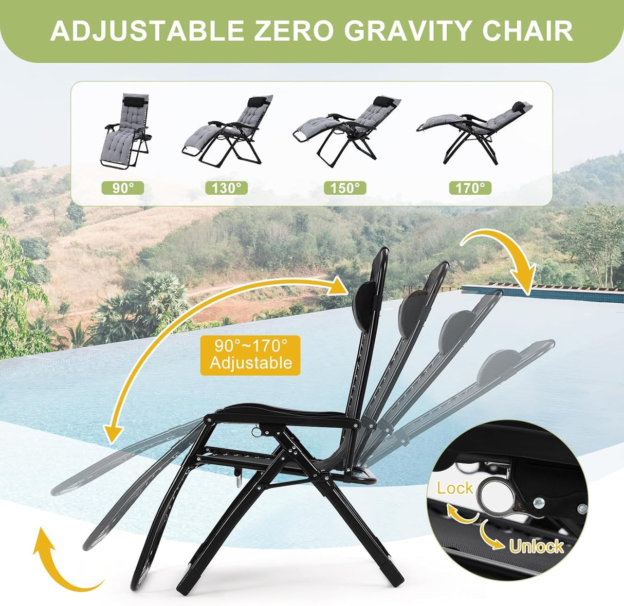 Garvee Lounge Chair Supports Indoor/Outdoor Adjustable Folding Recliner with 29 Inch Seat, Removable Cup Holder & Headrest Grey Garvee